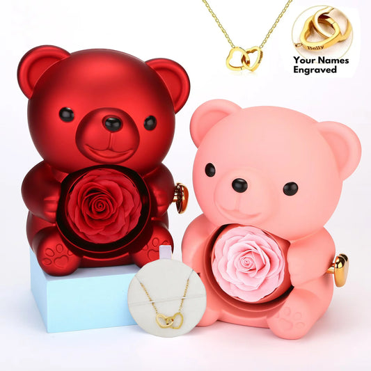 Engraved Forever Heart Necklace- with Real Rose Bear Gift Box